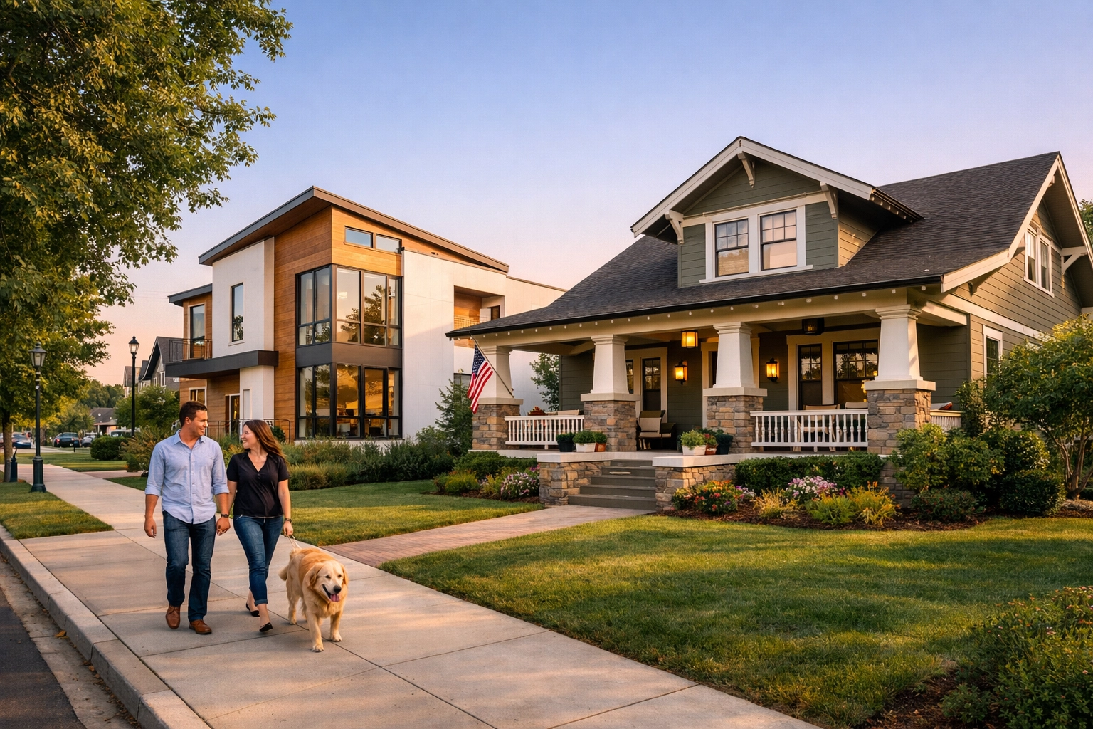 Modern and historic homes on a walkable Nashville street representing Davidson and Williamson County neighborhoods.