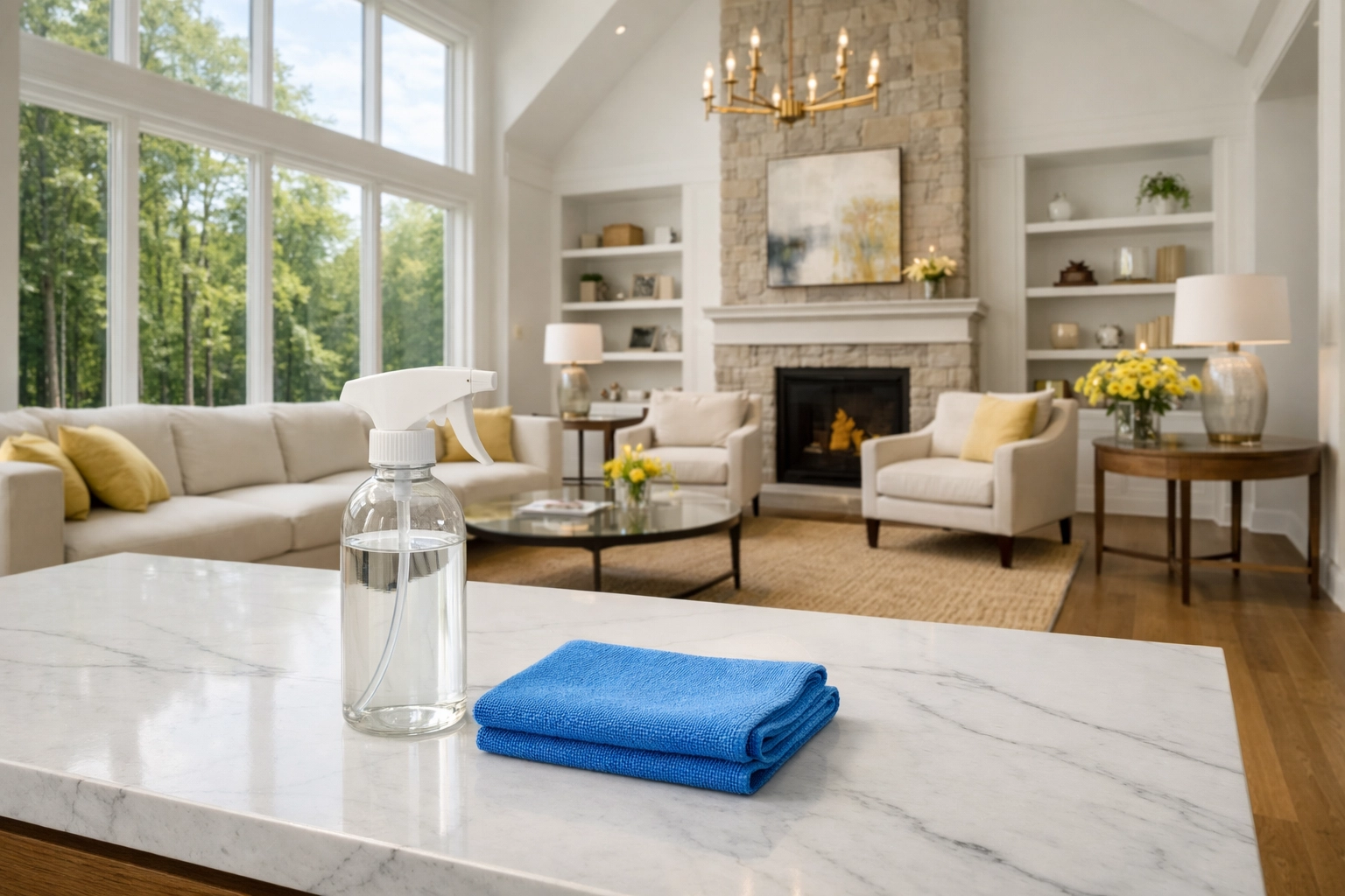 Luxury eco-friendly cleaning in Sherborn for a sun-drenched estate living room with marble surfaces.
