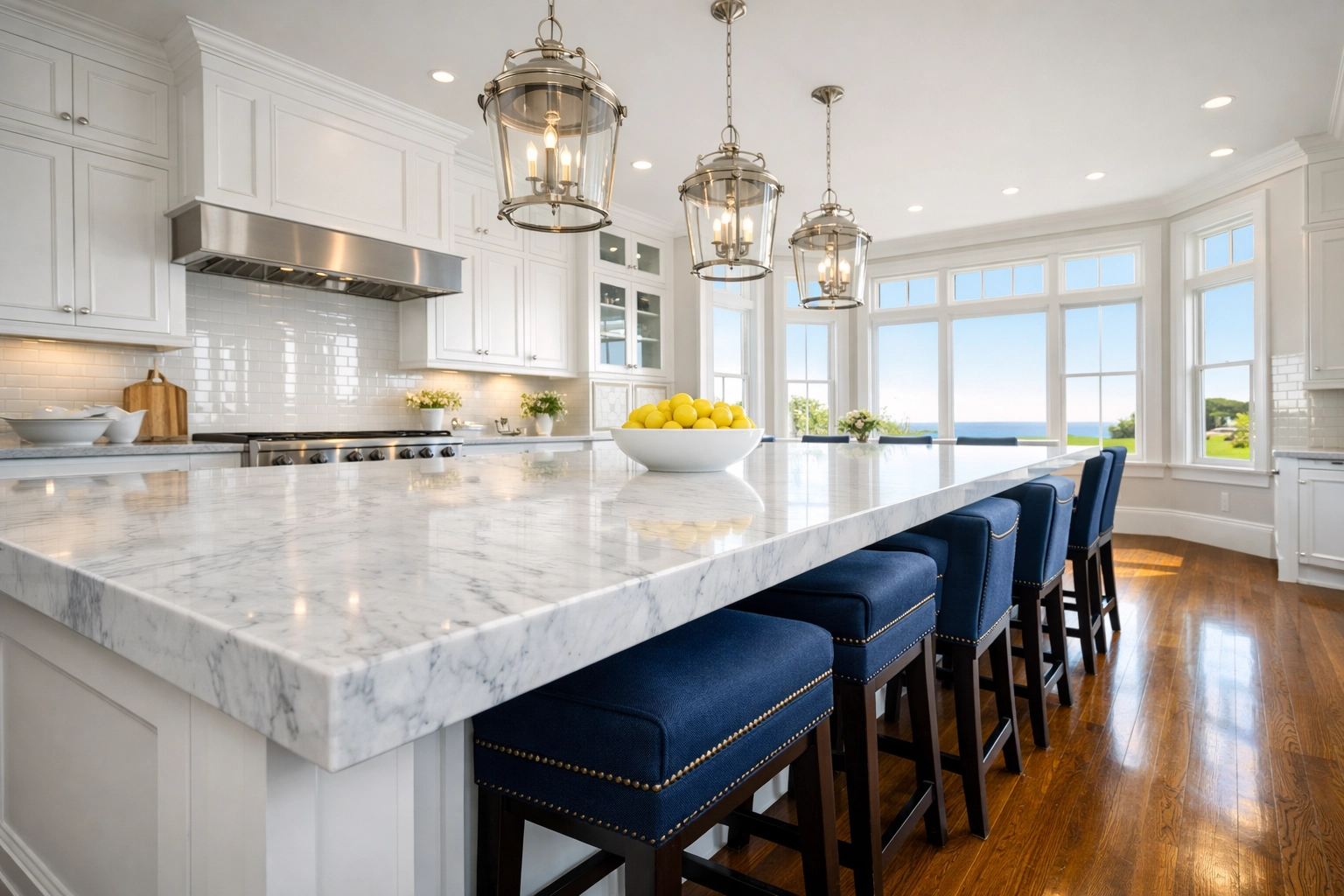 Pristine marble kitchen in Hingham showcasing professional luxury residential cleaning for premium surfaces.