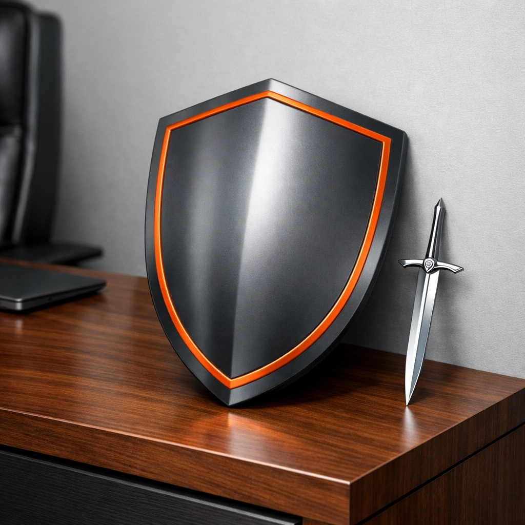 Polished shield and sword on a modern desk symbolizing financial protection and Asset Armor for wealth.
