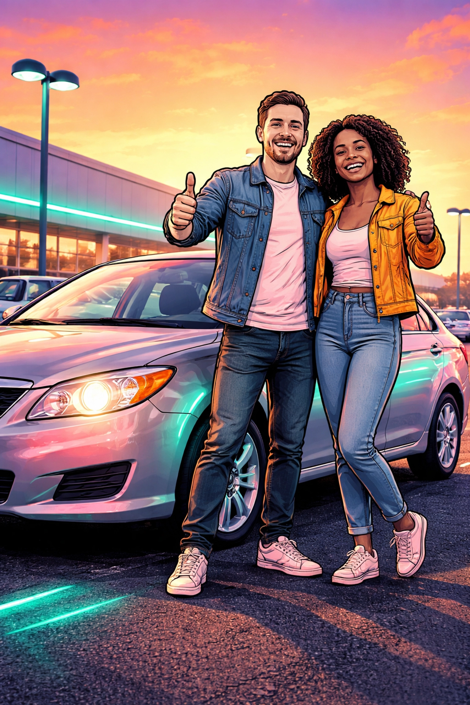 Happy couple with their used sedan at a dealership, representing credit rebuilding success with used car loans in Arnold MO.