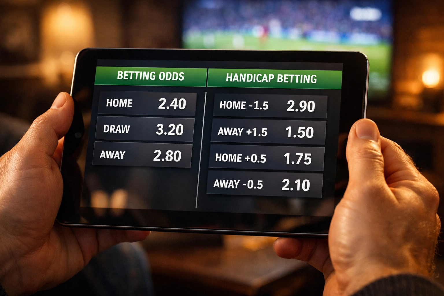 Vergleich von Asian Handicap Quoten und Wettoptionen auf Tablet während Fußballspiel