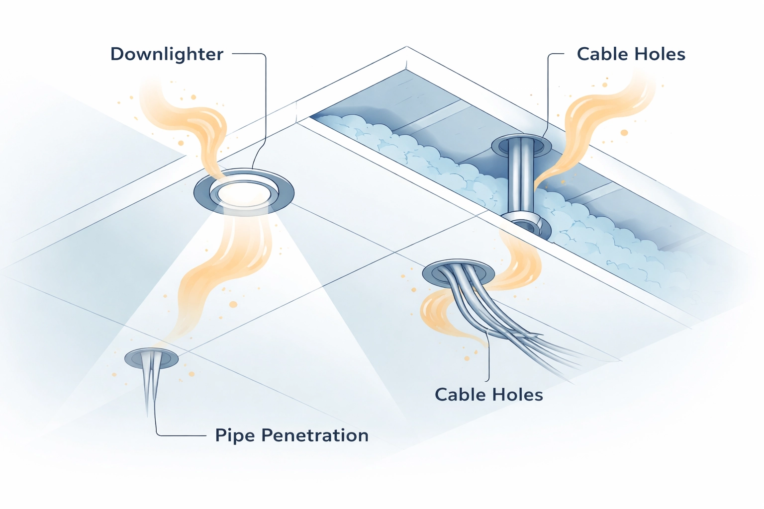 Flat illustration of common loft air leak points with warm air escaping, highlighting why air sealing prevents heat loss.