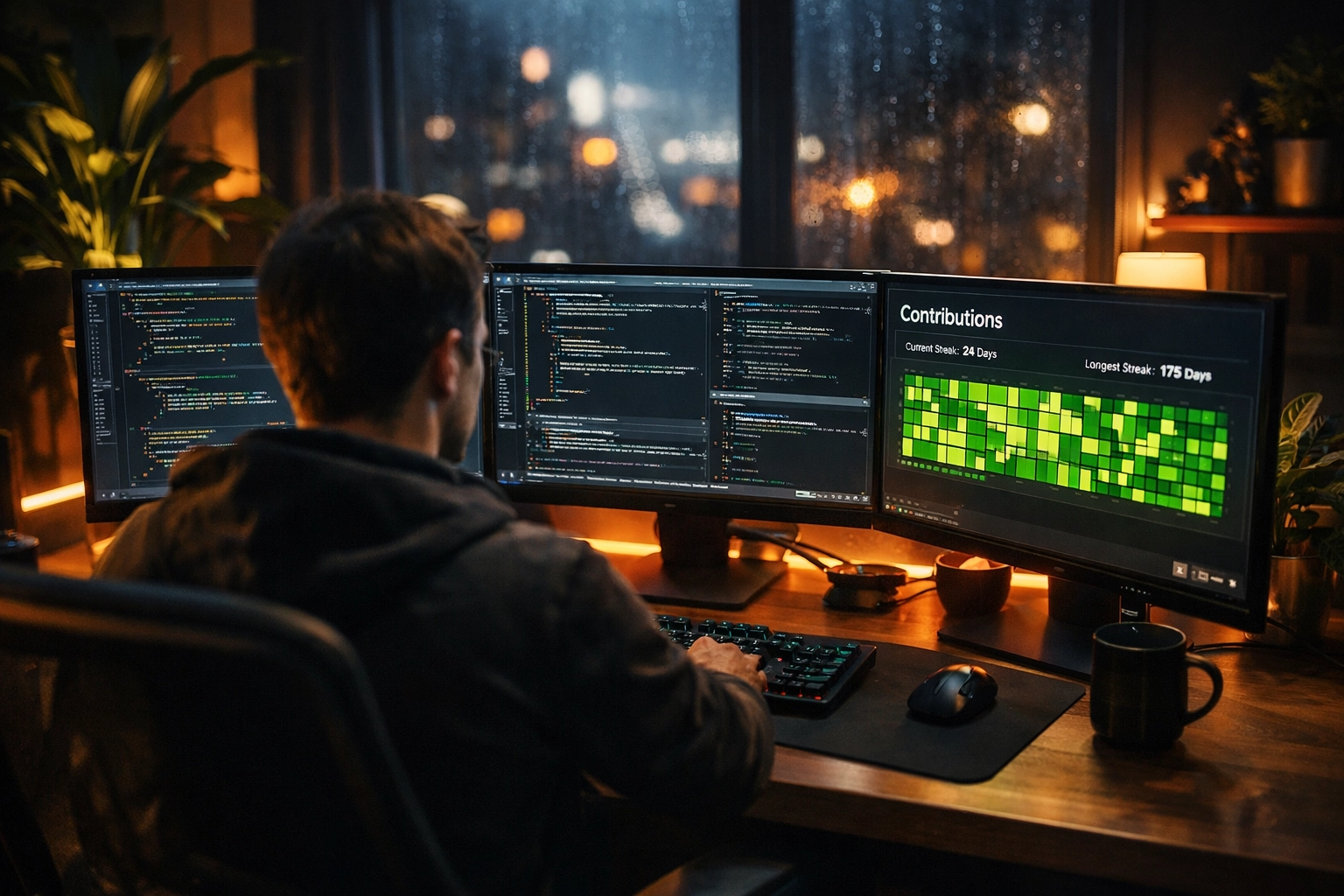 A developer at a workstation viewing a GitHub contribution map, illustrating tech community authority building.