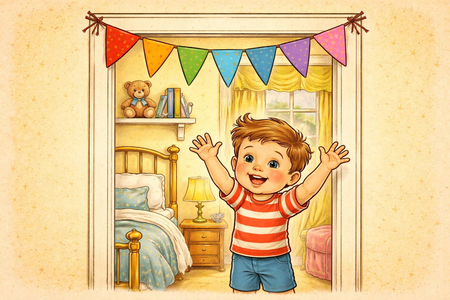 Smiling child admiring a homemade paper banner garland hung across a bedroom doorway