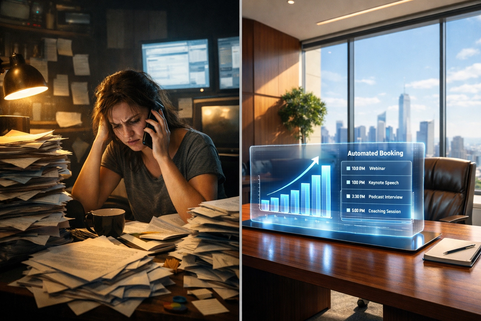 Comparison of a stressed virtual assistant and efficient AI speaker business automation systems.