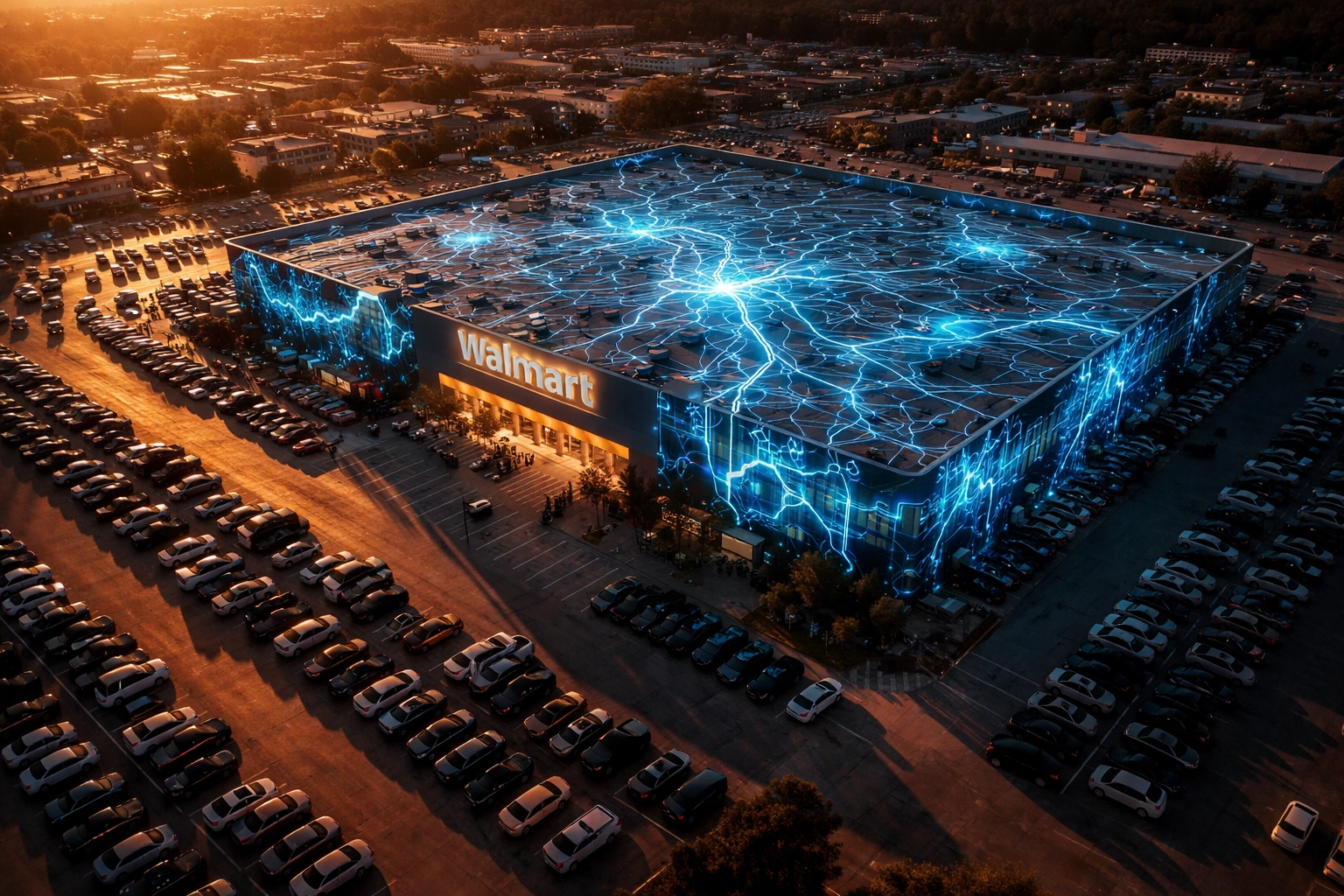 Aerial view of Walmart Supercenter with digital AI overlay, illustrating automation and workforce reduction impact.