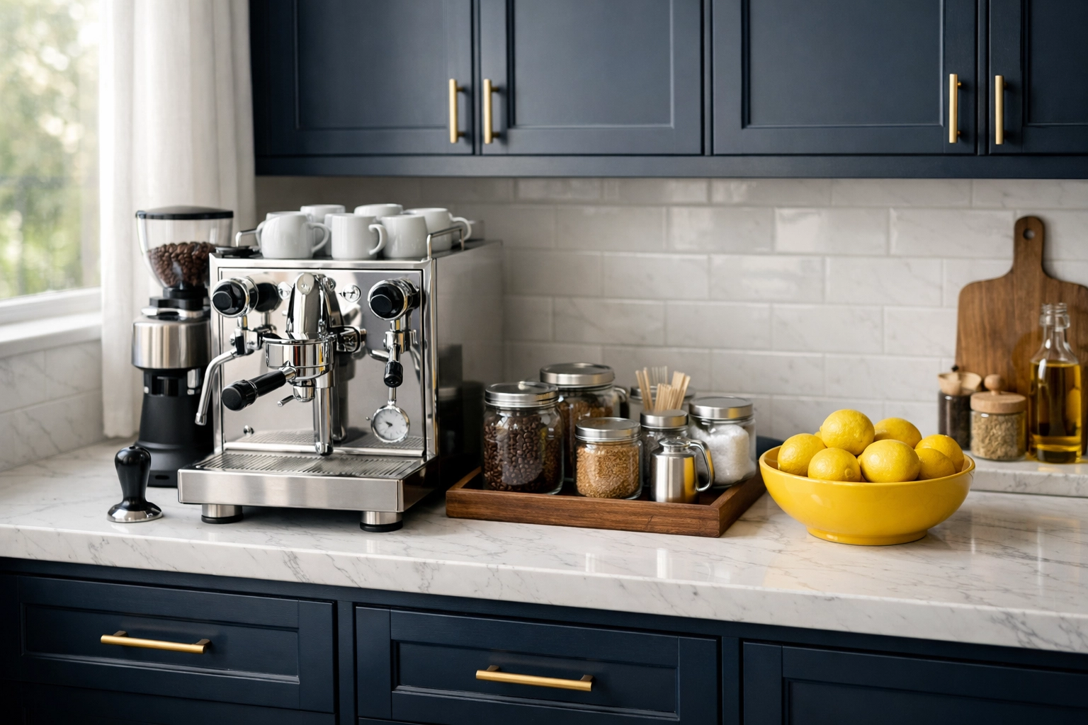 Organized kitchen coffee station with marble counters showing the benefits of regular house cleaning.