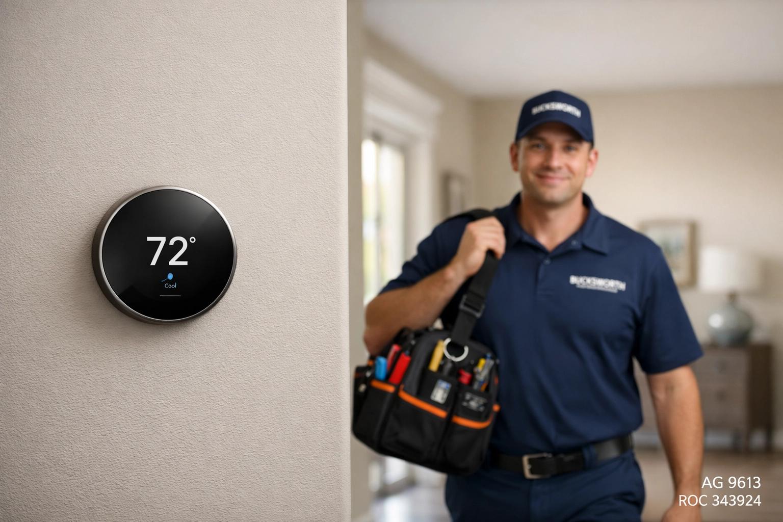 Smart thermostat and Bucksworth technician providing reliable emergency AC repair in a Peoria AZ residential home.