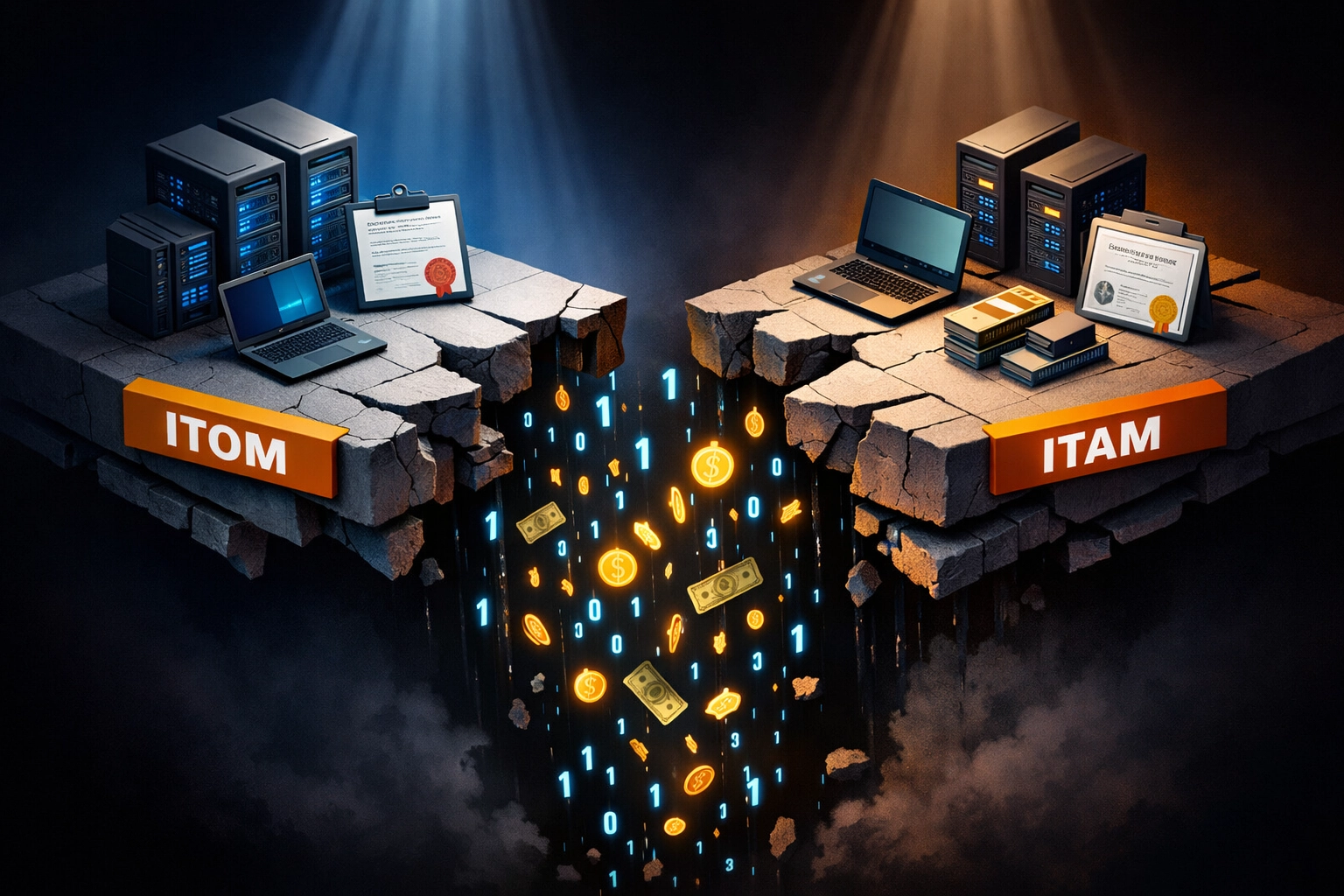 Fragmented ITOM and ITAM implementations showing value loss from siloed approach