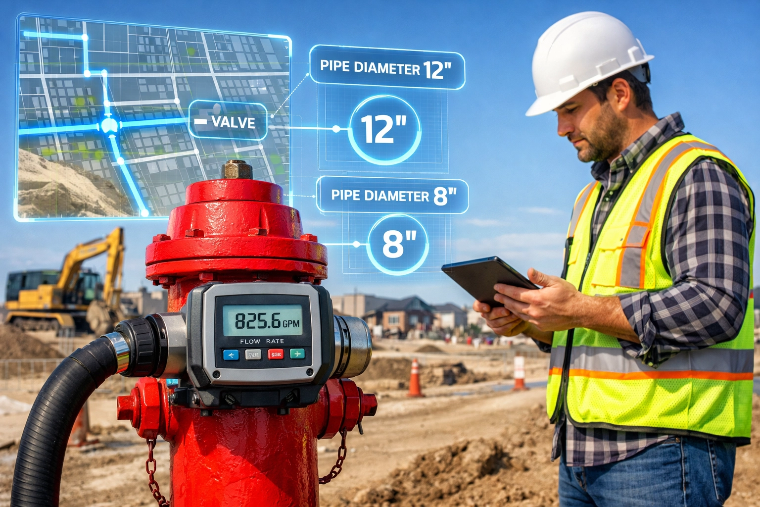 Engineer performing a fire hydrant flow test at an Ontario development site for accurate site servicing data.