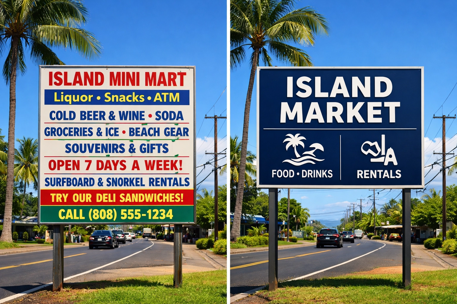 Side-by-side comparison of cluttered versus simple business sign design for better readability