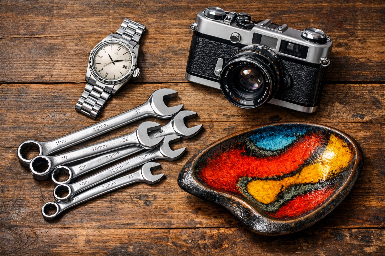 Valuable estate sale finds like vintage cameras and silver watches arranged for reselling for profit.