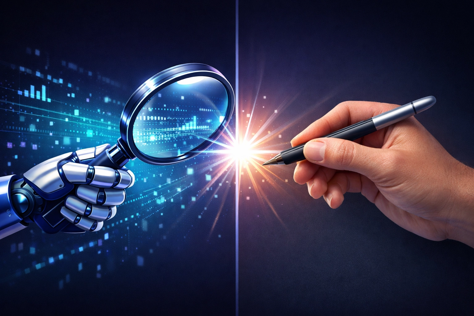 Sleek graphic showing the synergy between human creativity and AI efficiency in content production.