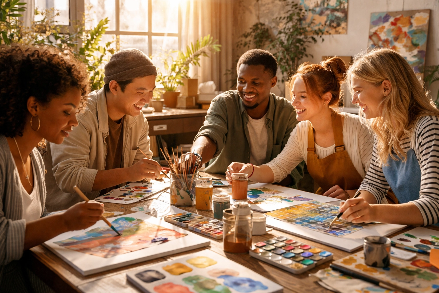 Corporate team engaging in a creative wellbeing workshop, painting together in a bright studio and building connection.
