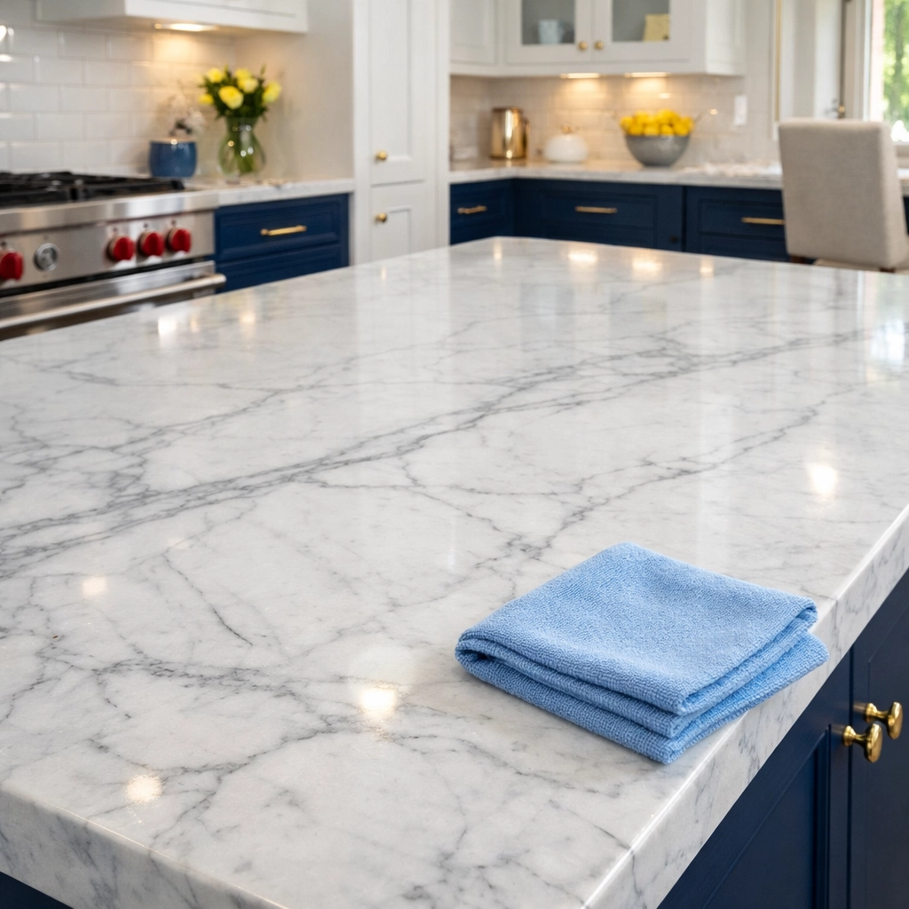 Polished Carrara marble island highlighting luxury house cleaning expertise in Wellesley MA.