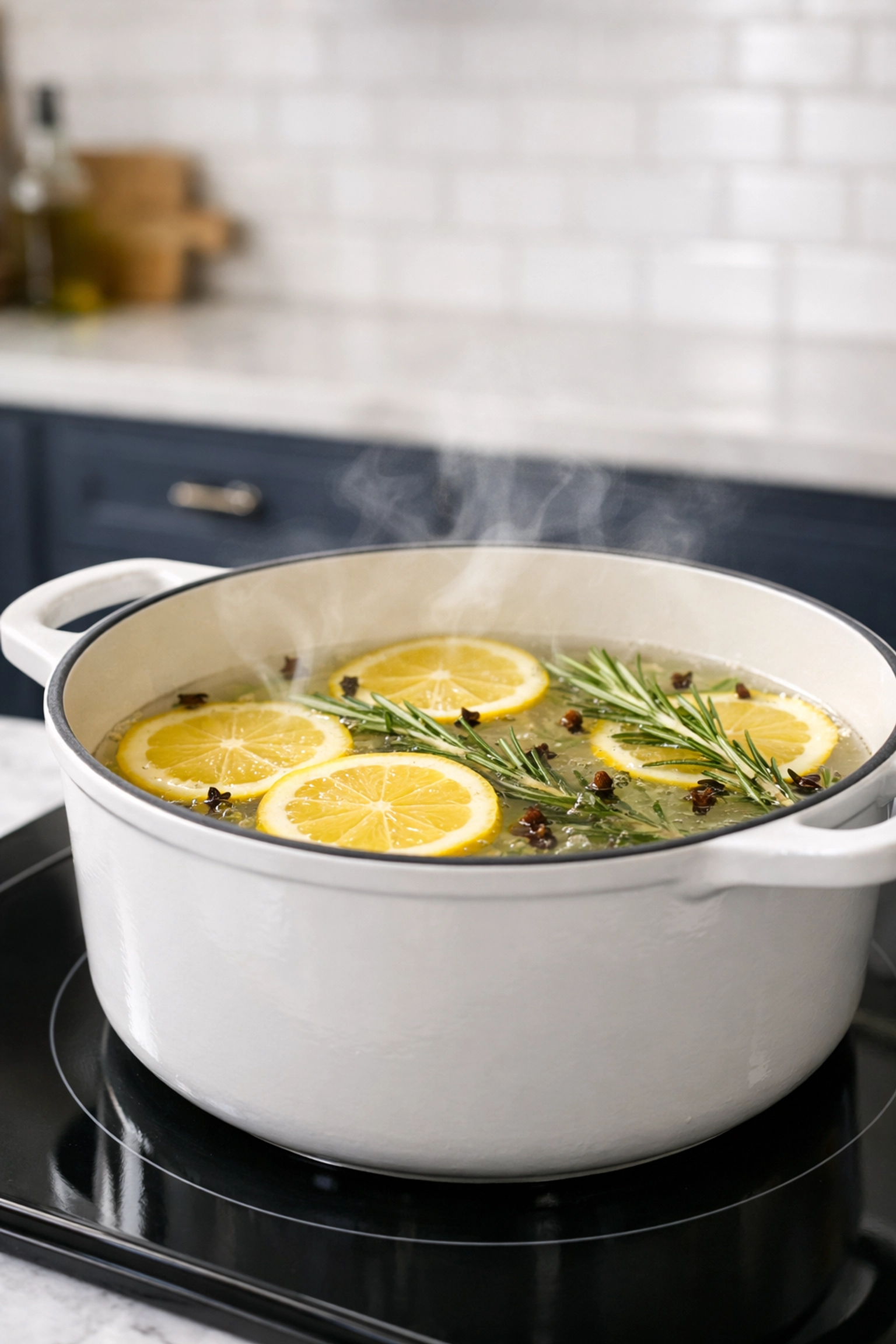 A white simmering pot with lemon and rosemary on a stove, creating natural home scents after house cleaning.