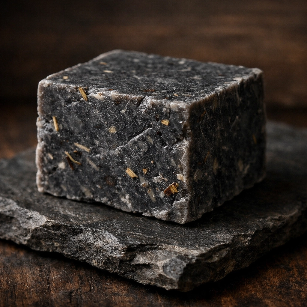 Close-up of a textured solid beard wash bar on slate, highlighting natural ingredients.