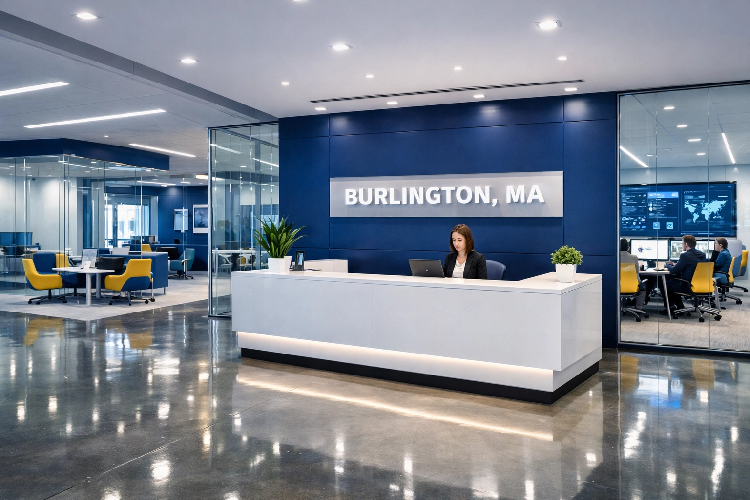 Pristine tech startup office in Burlington, MA with clean glass walls and polished floors.