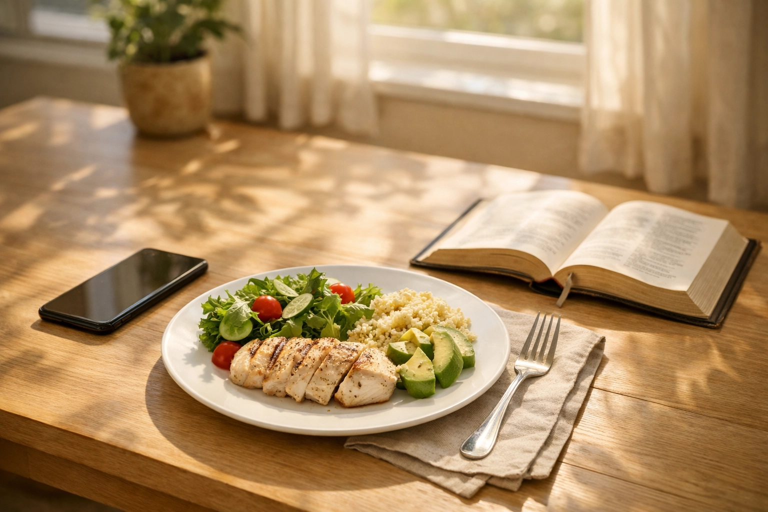 Peaceful lunch setting at noon with phone face-down for intentional news consumption