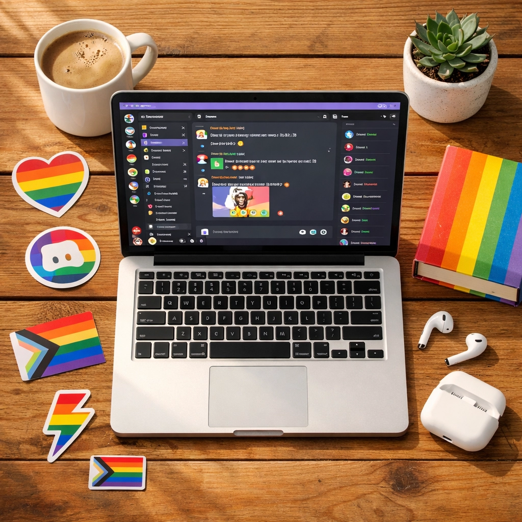Laptop displaying Discord community with rainbow pride items and LGBTQ+ books for online connections