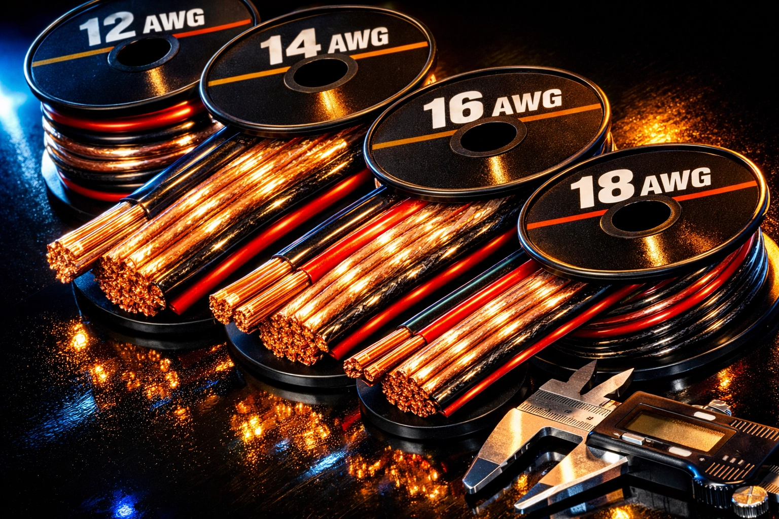 Different gauges of car audio speaker wire showing 12, 14, 16, and 18 AWG options