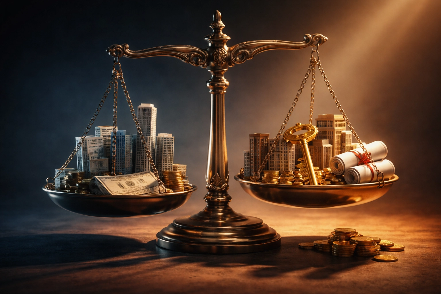 Balanced scale comparing public markets and private equity assets for portfolio diversification