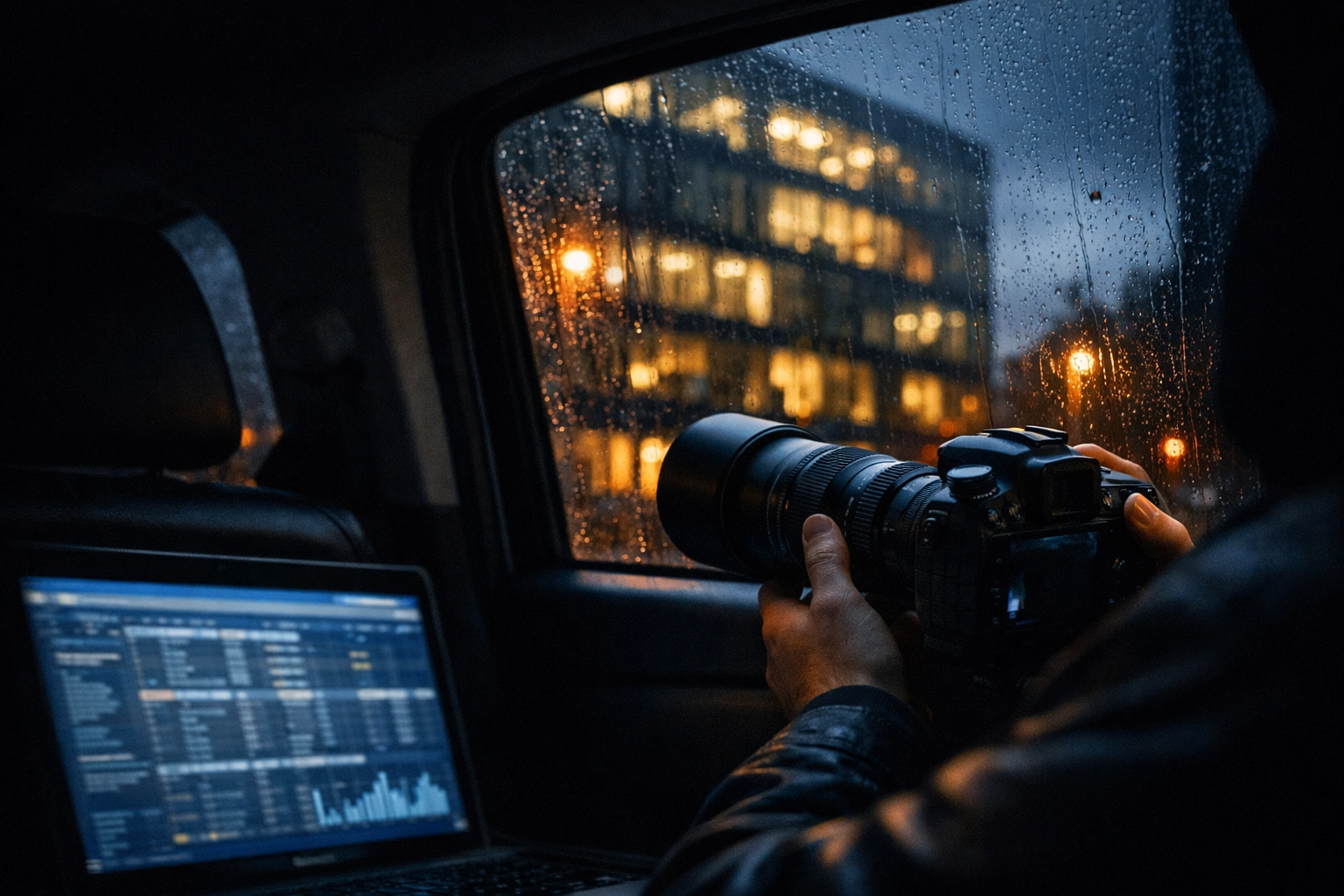 Corporate surveillance investigator in vehicle using telephoto lens for high-risk process service.