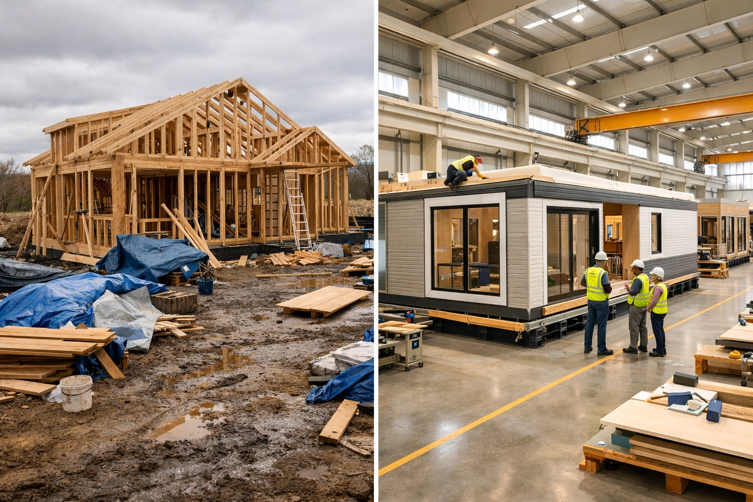 Traditional build site versus clean prefab home factory manufacturing comparison
