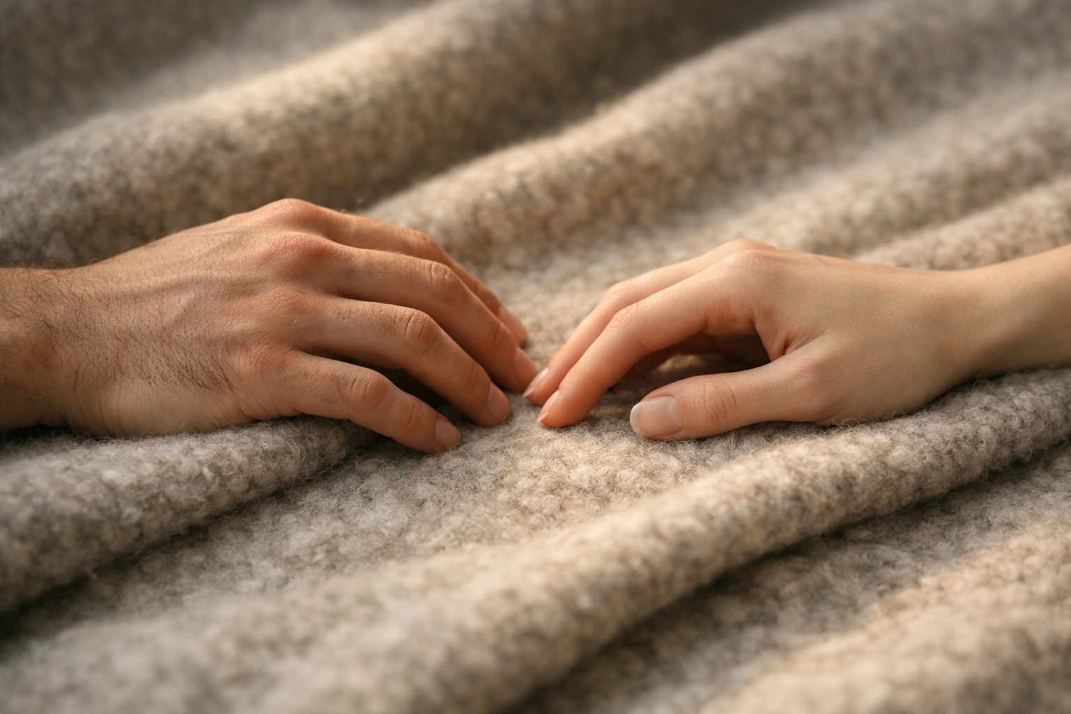 Férfi és női kéz egymás mellett, a gyógyulás utáni valódi intimitást jelképezve.