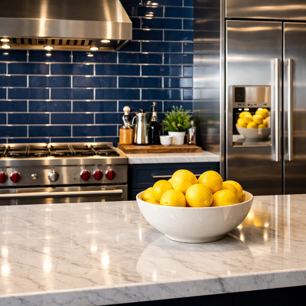 Spotless gourmet kitchen featuring a sanitized marble island after a professional deep cleaning Holliston service.