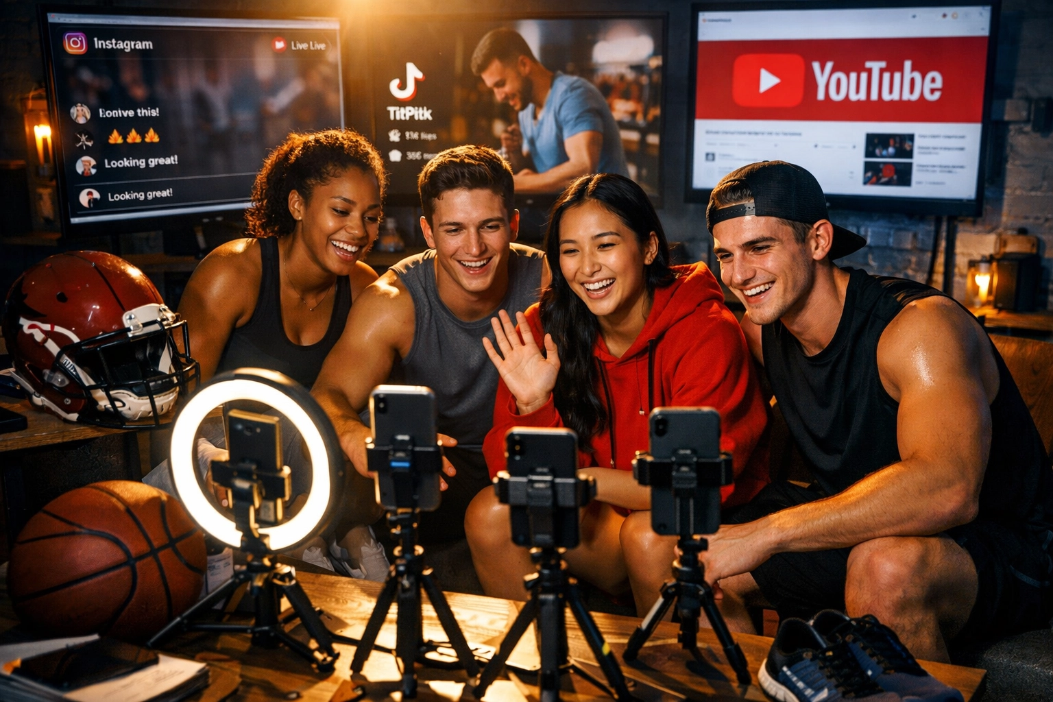 Athletes creating social media content as influencers using smartphones and platforms like TikTok and Instagram