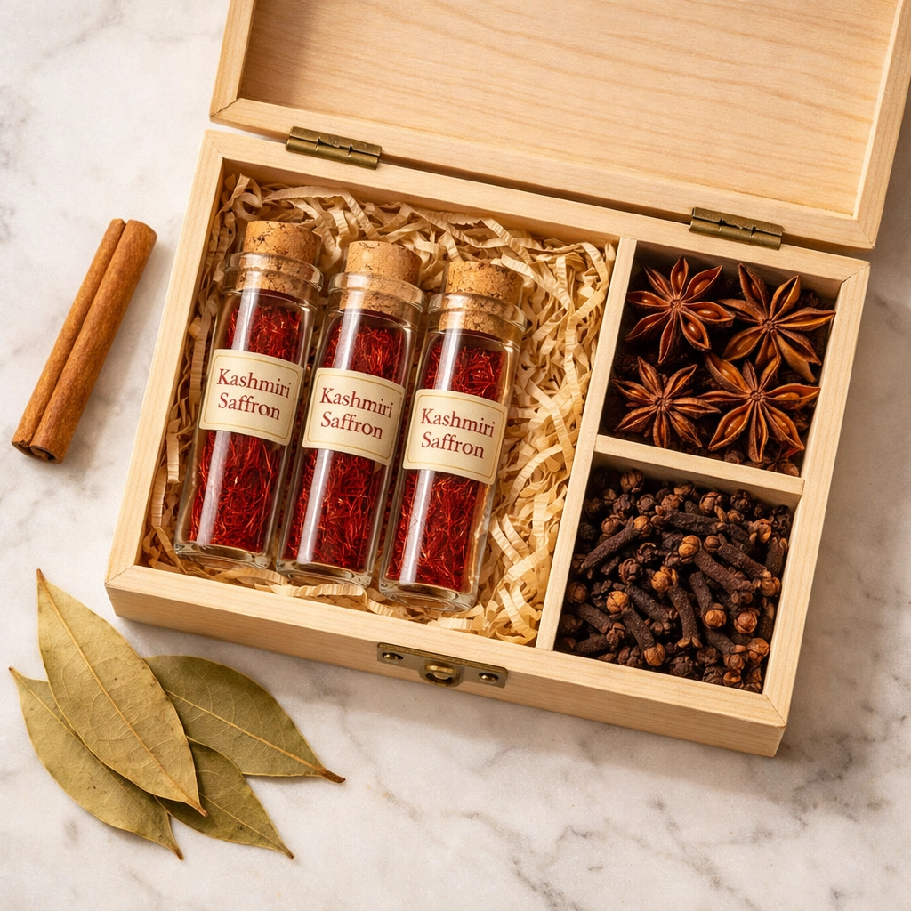 A luxury spice gift box with Kashmiri saffron and whole spices for authentic Indian cooking.