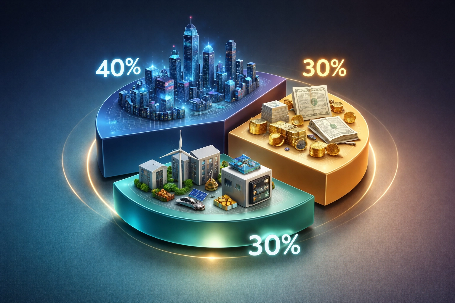 Visual breakdown of the 40/30/30 portfolio framework with equities, bonds, and alternative investments.