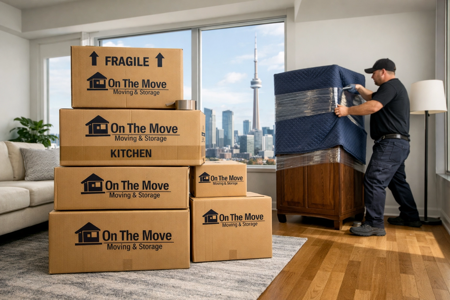 Expert GTA movers using professional packing and wrapping techniques for a safe high-rise apartment move.