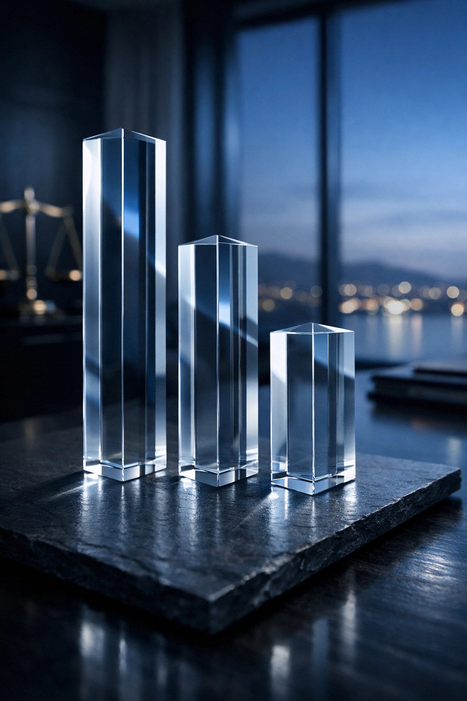 Three glass pillars representing the winning DUI defense strategy pillars at Coastal Virginia Law in Virginia Beach.