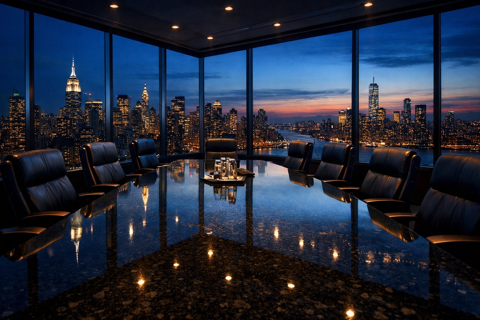 A luxury boardroom overlooking a city, illustrating high-level corporate acquisition funding.