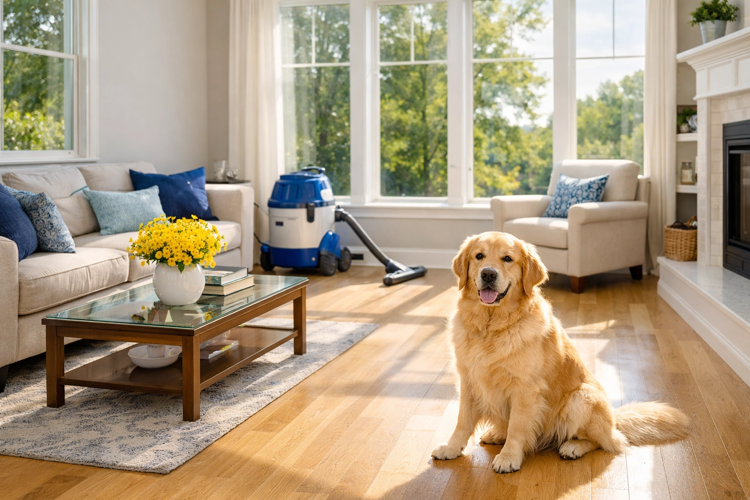 Professional HEPA vacuuming in a Lunenburg living room to remove pet dander and improve indoor air quality.