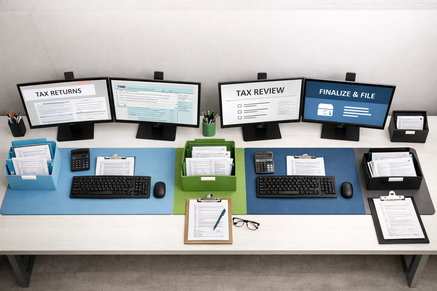 Tax preparation workstations arranged for optimized workflow in high-volume ERO practice