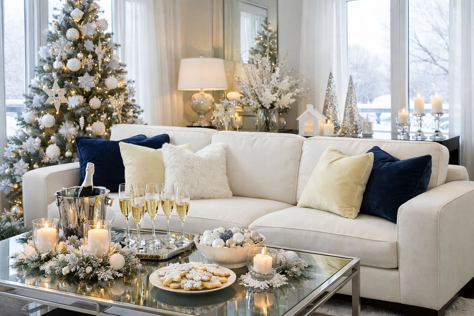 Impeccably clean living room with festive accents, perfectly prepared for holiday entertaining in Lunenburg.
