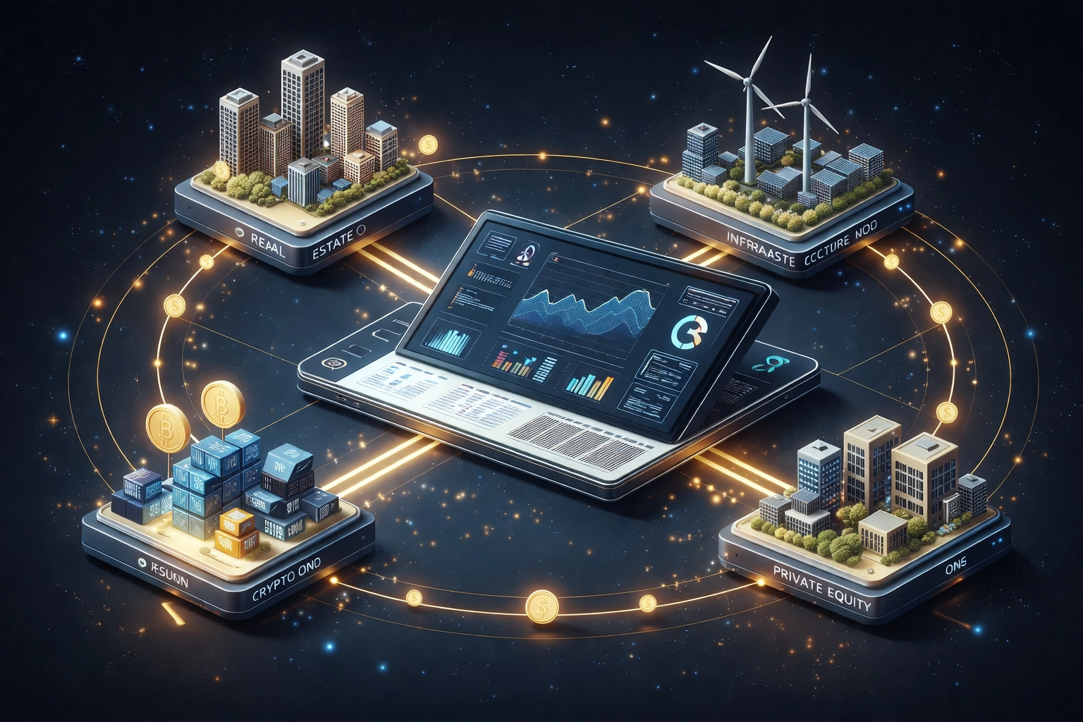 Interconnected alternative investments including real estate, infrastructure, and private equity