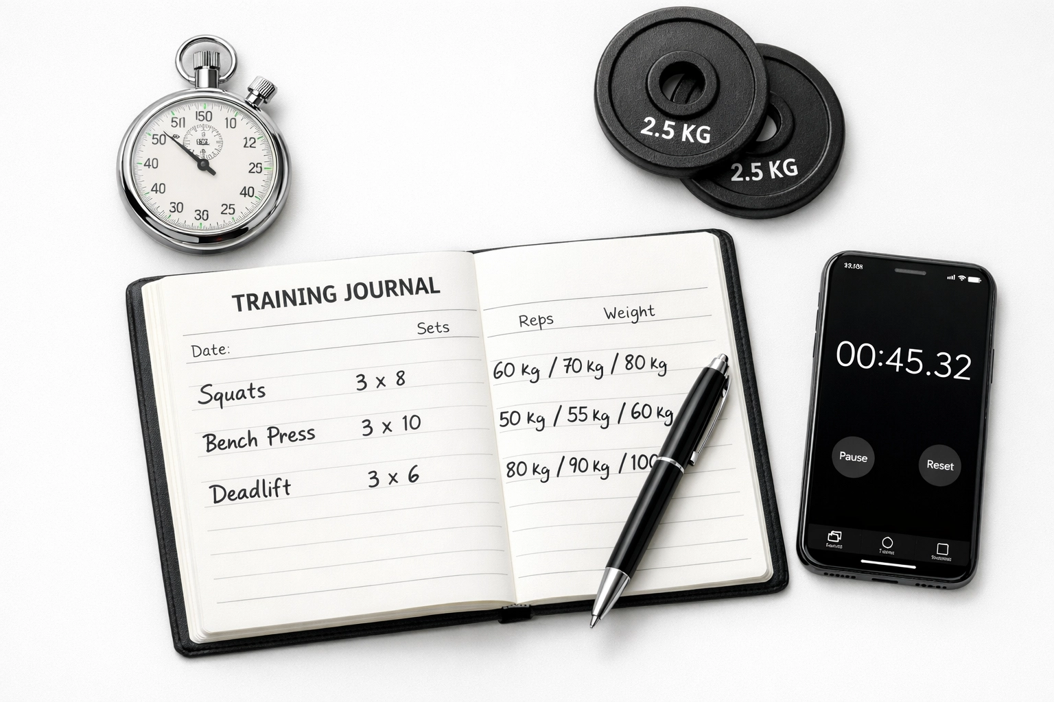Fitness training journal tracking progressive overload with weights and workout notes