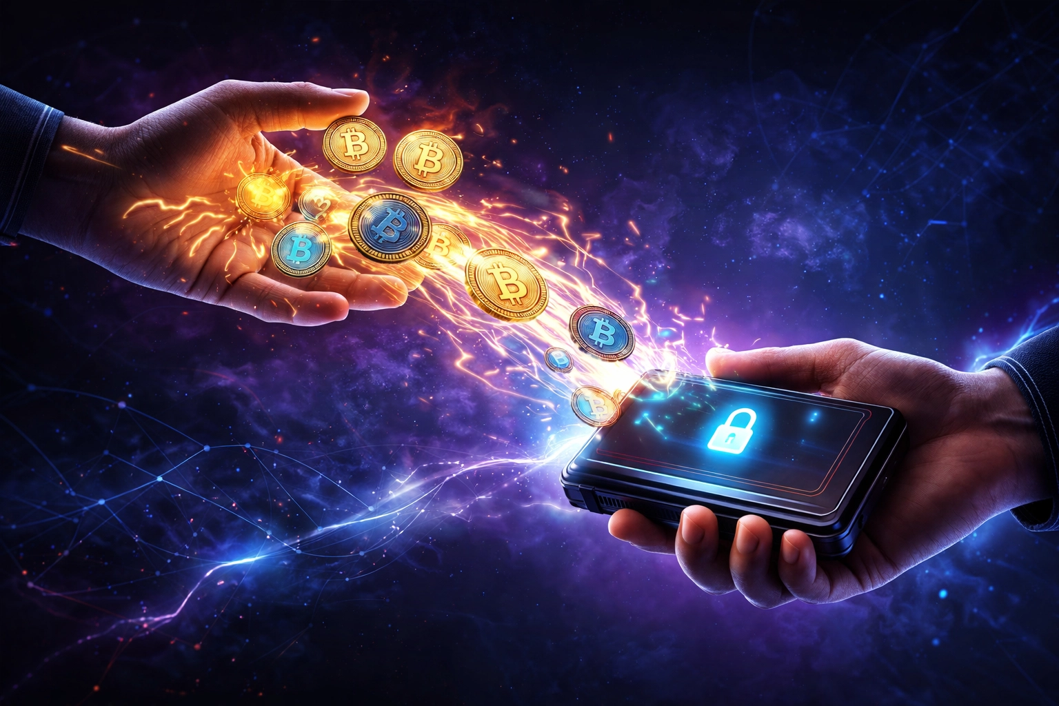 Two hands exchanging crypto tokens directly highlights instant self-custody merchant payments on Solana.