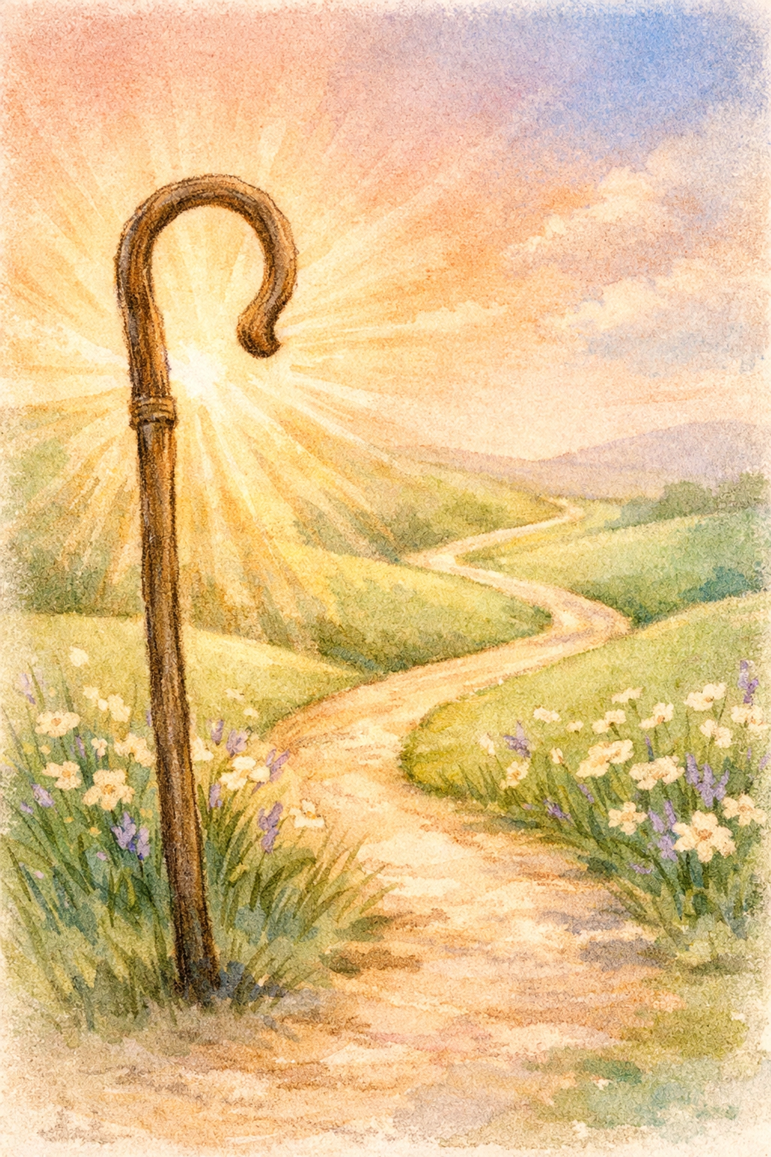 Shepherd's staff guiding path through peaceful hills symbolizing God's guidance during busy days