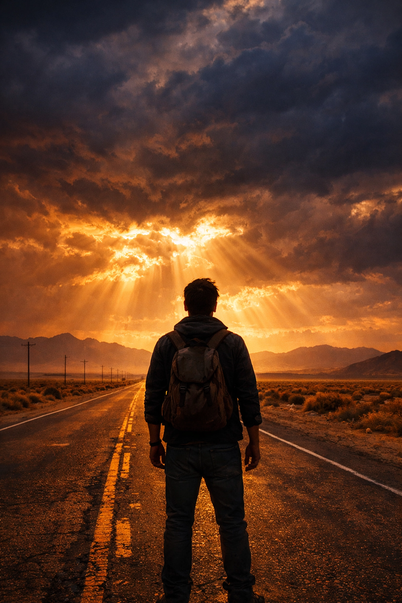 Person standing on road as storm breaks revealing sunlight representing hope in adversity