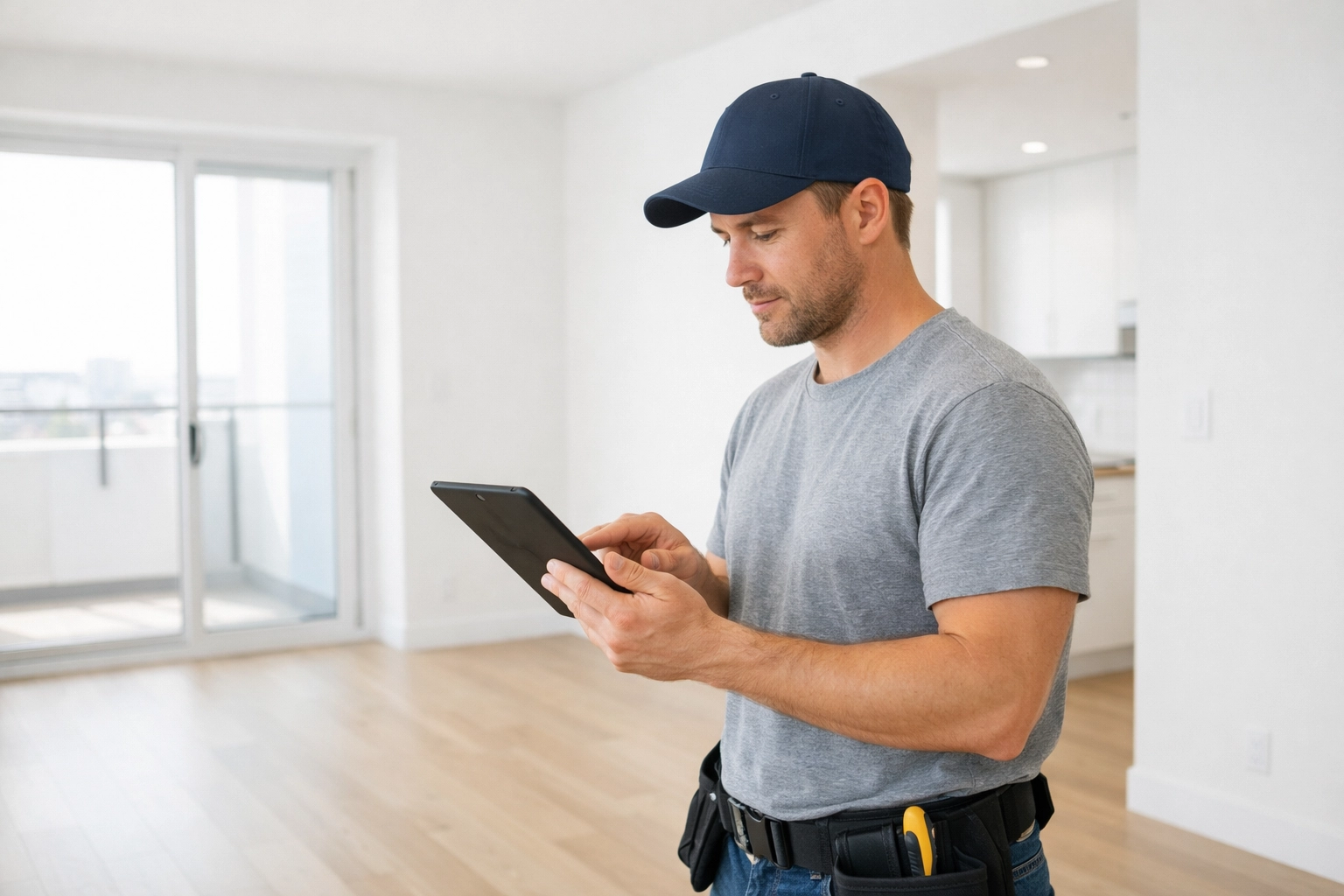 Maintenance technician using tablet to review digital unit profile in empty apartment