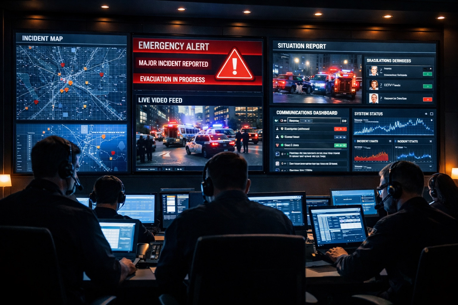 Crisis command center with emergency management technology and coordination monitors in action