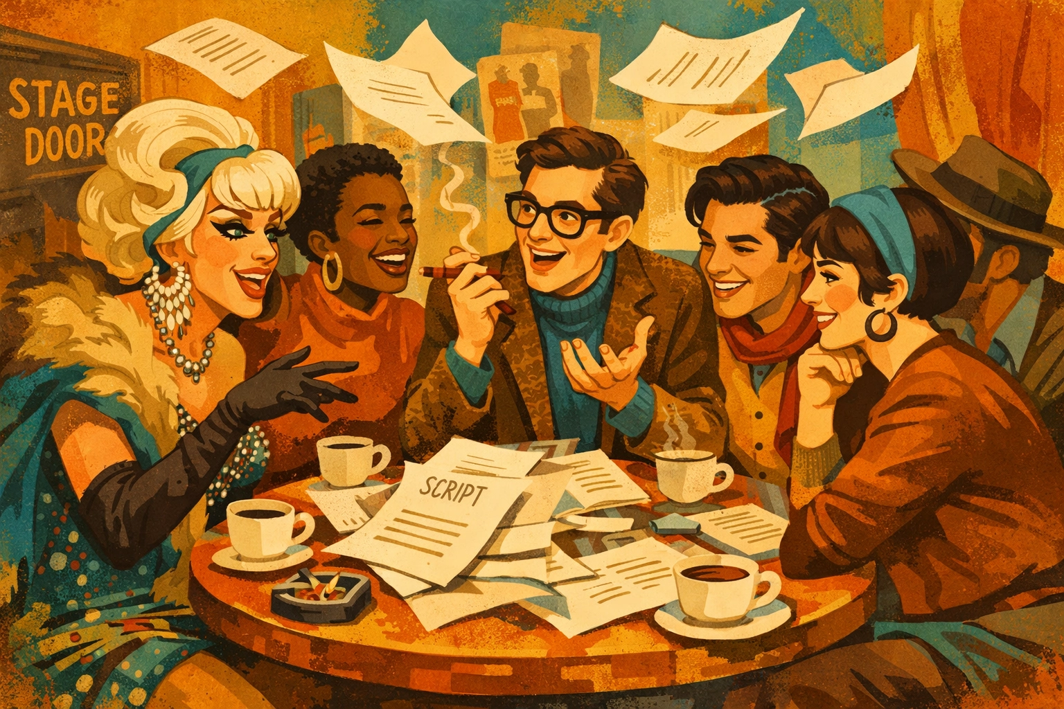 Queer playwrights and performers collaborating on scripts in 1960s Greenwich Village