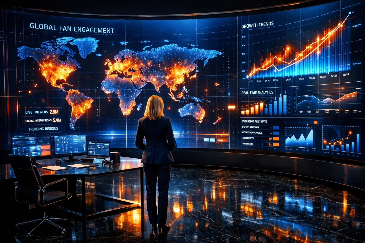 Marketing executive analyzing Super Bowl fan sentiment data and ROI metrics on a digital screen.