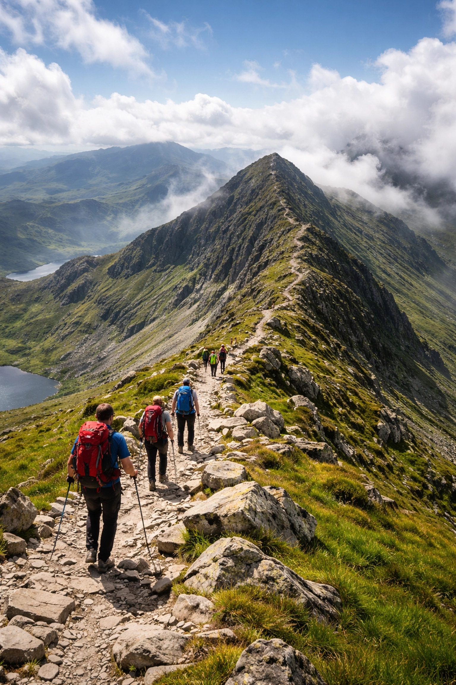 Hikers ascending Snowdon mountain in Snowdonia National Park with lush valleys and peak views in Wales.